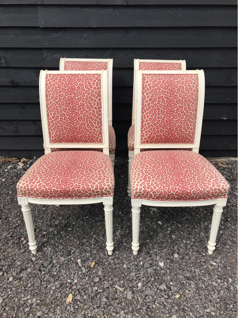 4 x Painted Dining Room Chairs in Leopard Fabric