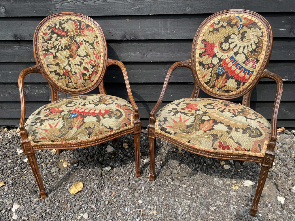 Pair of 19th Century Open Armchairs with needlework covering